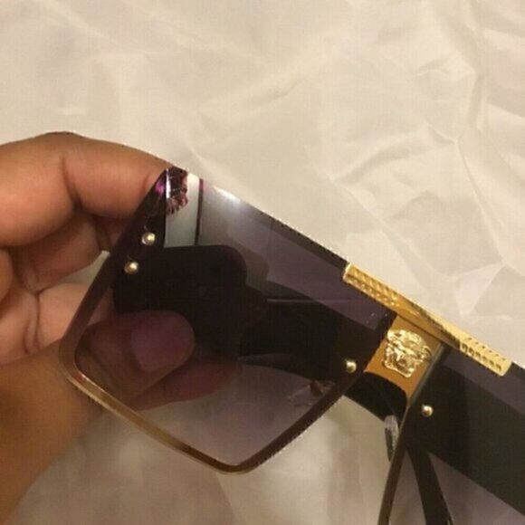 Gray Sports Sunglasses Grey Rivet Metal Frame Large Square Gold Frame
